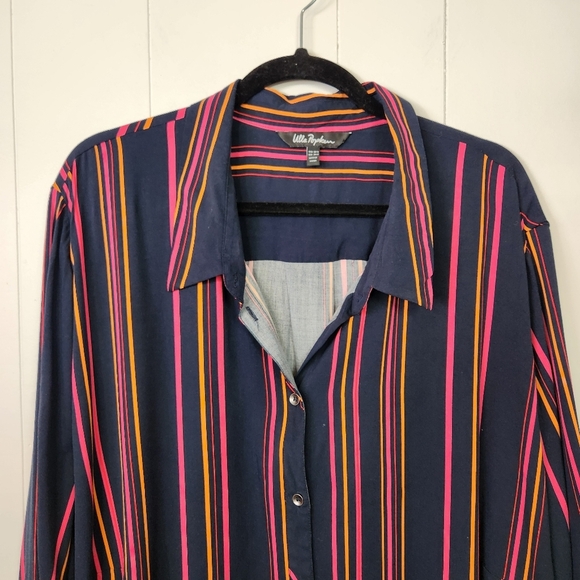 Ulla Popken Button Up Long Sleeve Blouse Tunic Long Shirt Navy Pink Stripe 28 30 - Picture 4 of 8